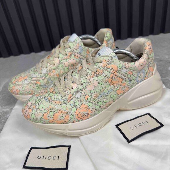 GUCCI Liberty Rhyton Floral Muticolor Canvas Sneaker Leather 8.5 US 38.5 EUR